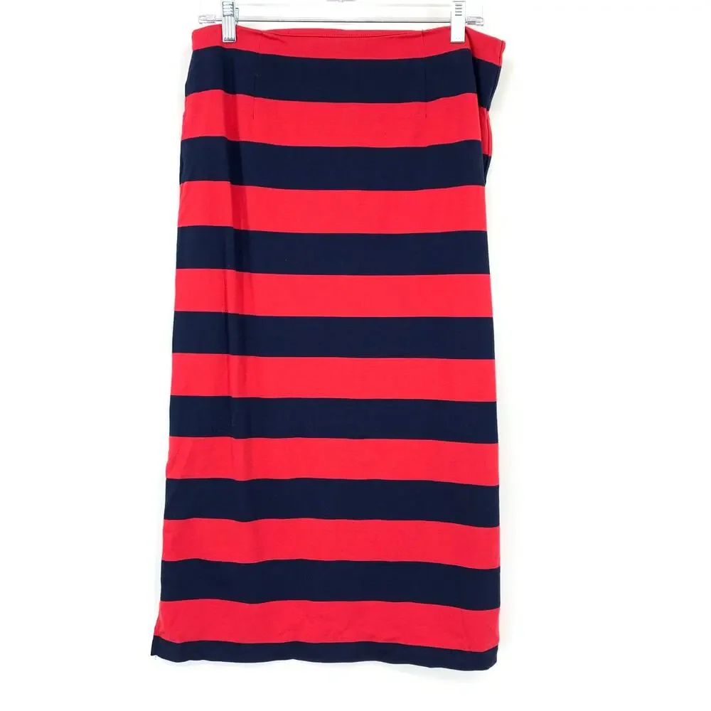 J.Crew Midi Length Pencil Skirt Womens Size 10 Red + Navy Striped Back Zip NEW